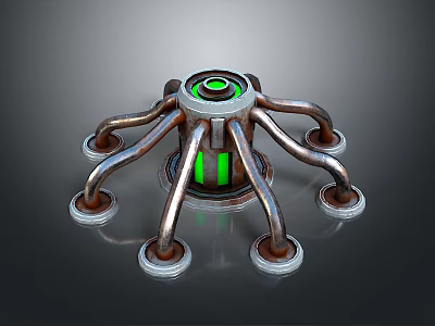 Futuristic Mechanical Equipment With Multiple Metal Arms Green Glowing Core And Supporting Feet 3d model