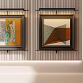 Modern Wall Decor With Two Framed Abstract Paintings And Striped Background