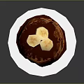 Delicious Stack of Fluffy Pancakes Topped with Banana Slices and Chocolate Syrup on White Plate