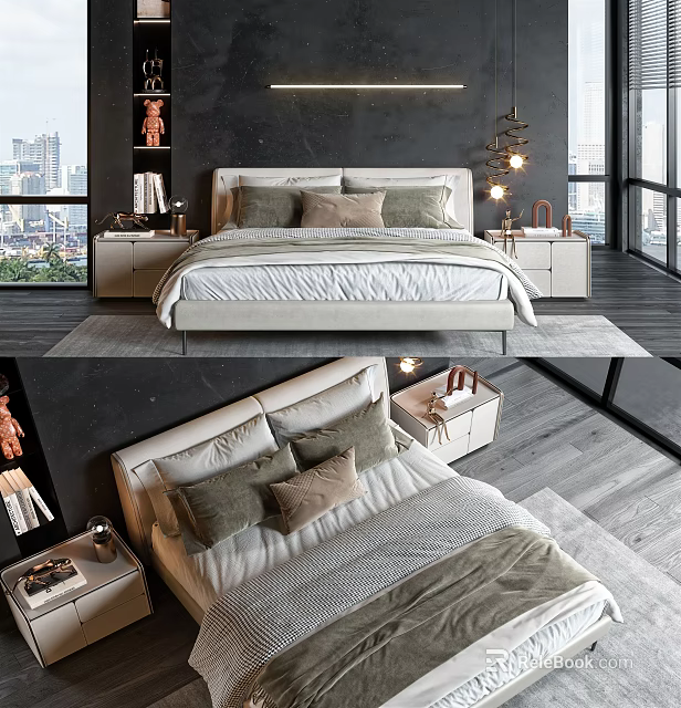 Modern Bedroom Interior With Double Bed Decorative Pillows Bedside Tables And Windows 3d model