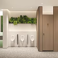 Modern Public Restroom With Green Plant Wall Urinal And Wooden Stall