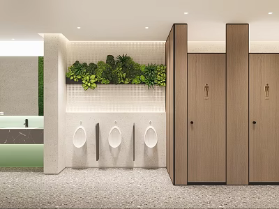 Modern Public Restroom With Green Plant Wall Urinal And Wooden Stall 3d model