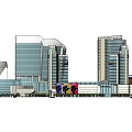Modern Commercial Complex with Tall Buildings Central Plaza Water Features and Landscaped Areas