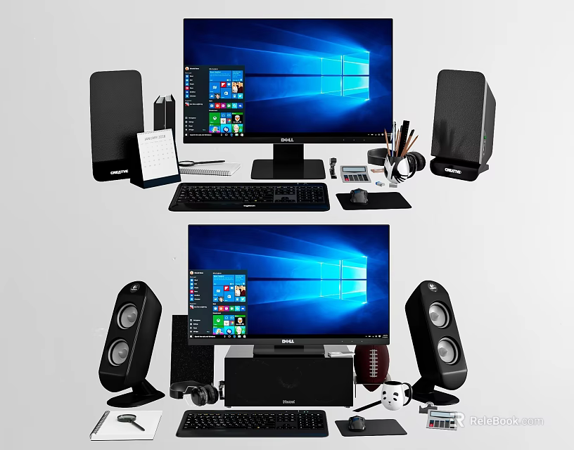 Desktop Computer Setup With Monitor Keyboard Mouse Speakers And Office Accessories 3d model 