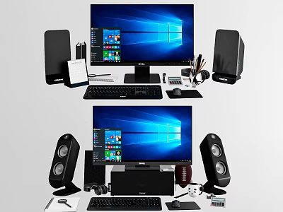 Desktop Computer Setup With Monitor Keyboard Mouse Speakers And Office Accessories 3d model