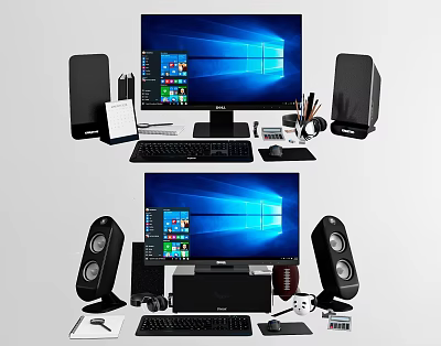 Desktop Computer Setup With Monitor Keyboard Mouse Speakers And Office Accessories 3d model