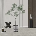 Elegant Indoor Bonsai Tree In Metal Pot With Marble Floor And Wooden Wall Decor
