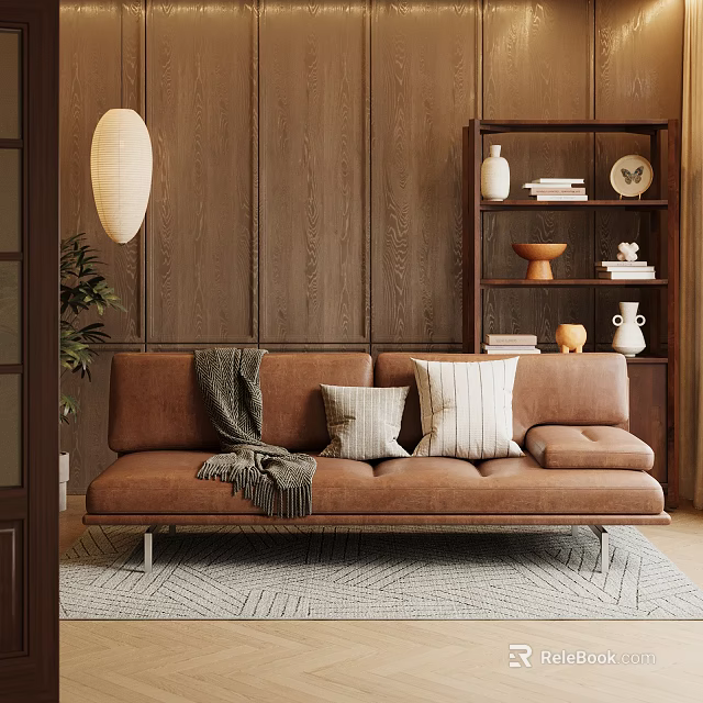 Cozy Living Room Interior With Brown Sofa Wooden Wall Decorative Bookshelf And Rug 3d model 