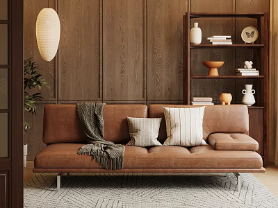 Cozy Living Room Interior With Brown Sofa Wooden Wall Decorative Bookshelf And Rug 3d model