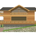 Wooden Log House Exterior With Two Story Balconies Stone Wall Sloped Lawn And Garage