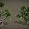 Cartoon Scene Featuring Two Trees With Green Leaves And Curved Trunks On Gray Background