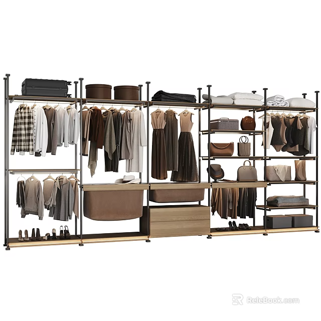Open Wardrobe With Metal Frame Wooden Drawers Clothing Hanging And Storage Shelves For Bags Shoes 3d model 