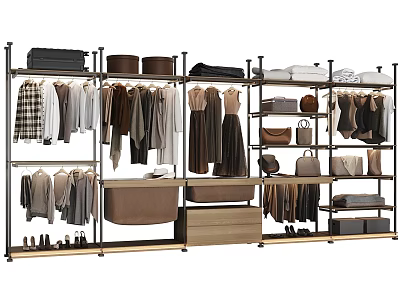 Open Wardrobe With Metal Frame Wooden Drawers Clothing Hanging And Storage Shelves For Bags Shoes 3d model