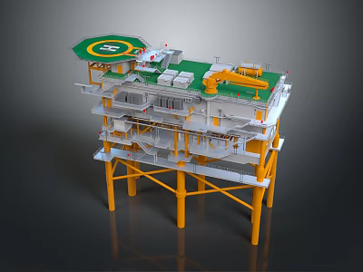 Cartoon Scene Of Multi Level Industrial Platform With Green Top Yellow Supports And Crane 3d model