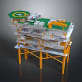 Cartoon Scene Of Multi Level Industrial Platform With Green Top Yellow Supports And Crane
