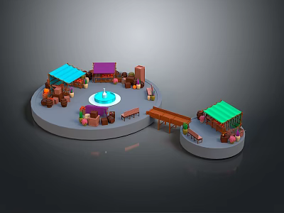 Tire Stacked Decorations On Circular Platform With Small Buildings Blue Purple Roofs Fountain And Wooden Bridge 3d model