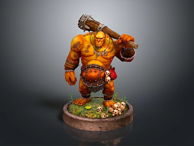Muscular Orc Warrior Sculpture With Large Hammer Tattoos Red Cloth And Skull Base 3d model