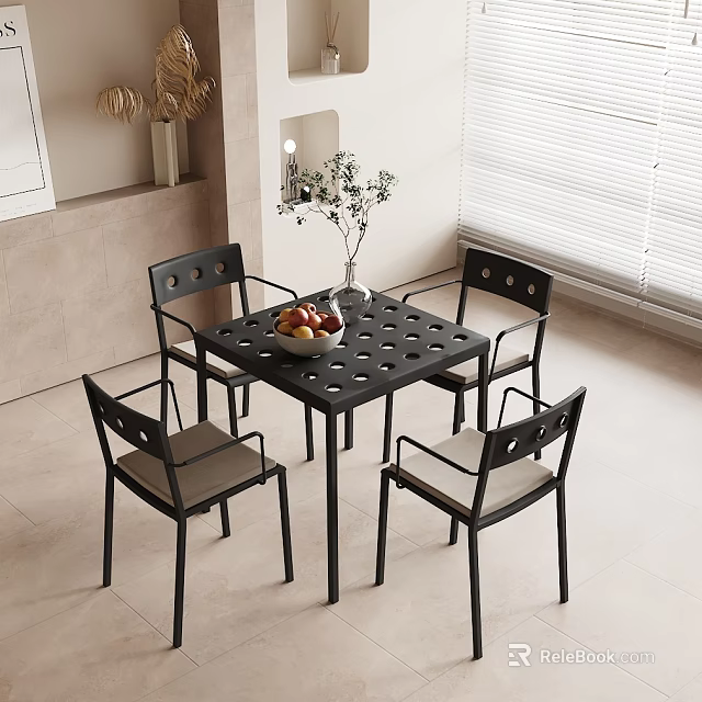 Modern Black Dining Table Set With Four Chairs Perforated Top And Light Gray Seats 3d model 