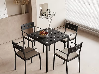 Modern Black Dining Table Set With Four Chairs Perforated Top And Light Gray Seats 3d model