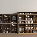 Open Kitchen Shelving Units In Different Colors With Plates Cups Jars And Appliances