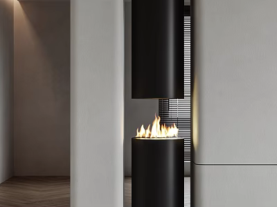 Modern Black Cylindrical Fireplace With Bright Burning Flames In Minimalist Indoor Space 3d model