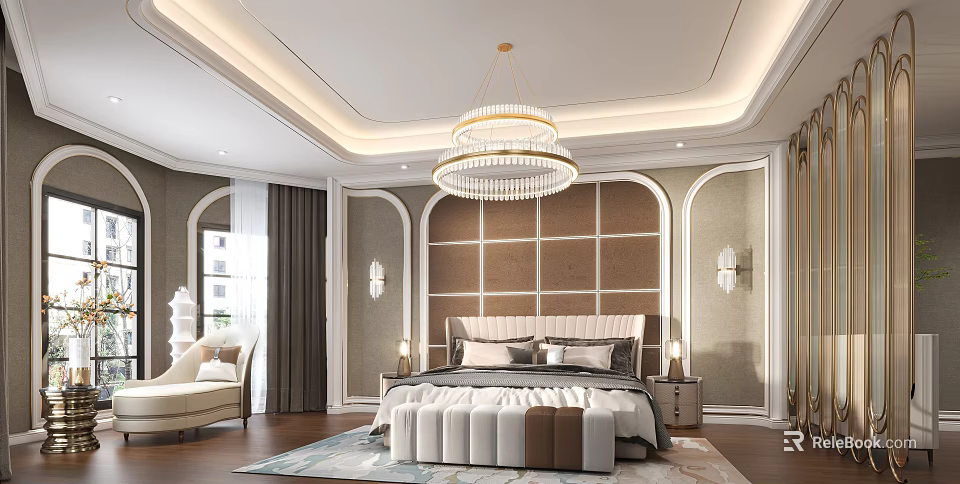 Luxurious Modern Bedroom with Crystal Chandelier Plush Bed and Wooden Panel Accent Wall 3d model 