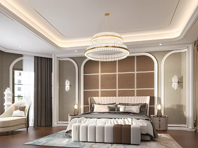 Luxurious Modern Bedroom with Crystal Chandelier Plush Bed and Wooden Panel Accent Wall 3d model