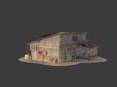 Rustic Wooden House Exterior With Solar Panels On Roof And Weathered Design 3d model