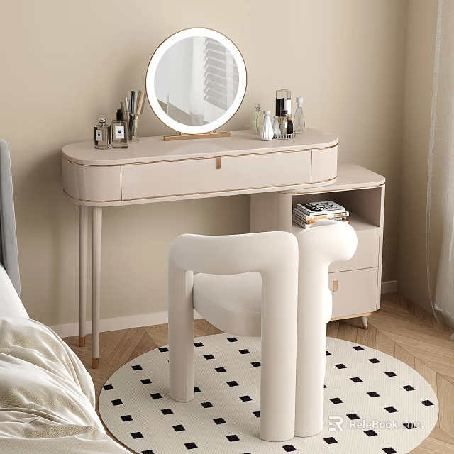 Modern Beige Dressing Table With Round Mirror Cosmetics White Chair And Checkered Rug 3d model 