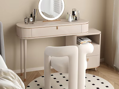 Modern Beige Dressing Table With Round Mirror Cosmetics White Chair And Checkered Rug 3d model