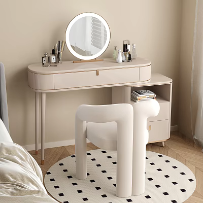 Modern Beige Dressing Table With Round Mirror Cosmetics White Chair And Checkered Rug 3d model