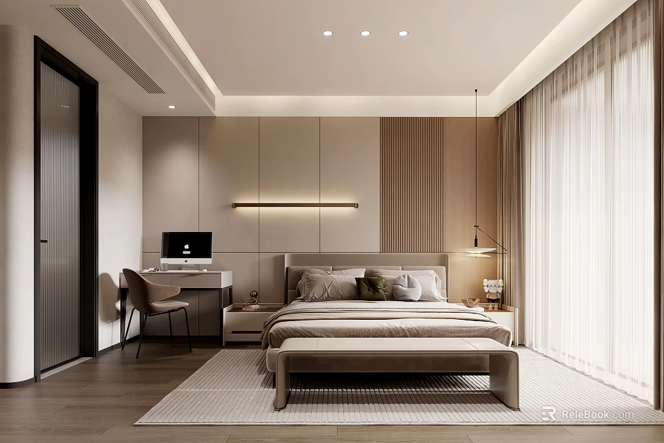 Modern Minimalist Bedroom Interior With Bed Nightstands Rug Curtains And Recessed Lighting 3d model 