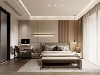 Modern Minimalist Bedroom Interior With Bed Nightstands Rug Curtains And Recessed Lighting 3d model
