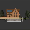 Cartoon Scene of Wooden House With Brown Roof Solar Panels And Surrounding Trees