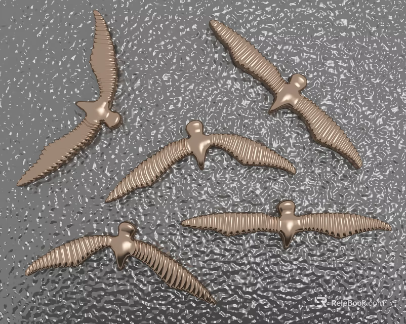 Textured Background Wall Decorated With Five Bronze Bird Shaped Ornaments 3d model 