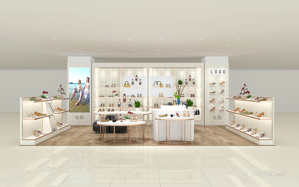 Modern Shoe Store Interior With Shelves And Display Tables For Footwear Products 3d model 