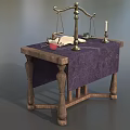 Vintage Mystical Table With Purple Cloth Open Book Balance Scale Candle Inkwell Red Vial