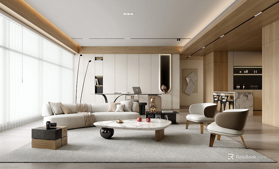 Contemporary Living Room Interior Featuring White Sofa Coffee Table Large Windows and Wooden Decor 3d model 