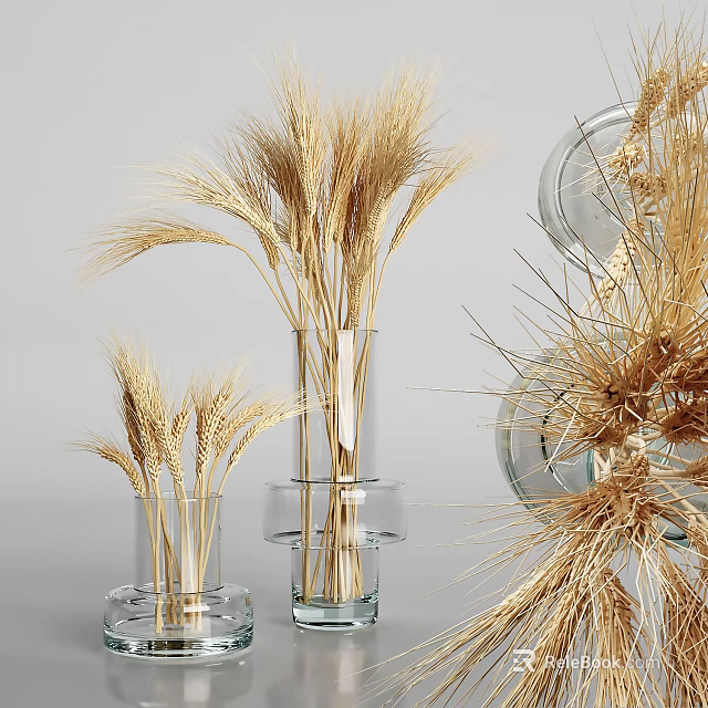Decorative Transparent Glass Vases With Dried Wheat Ears For Home 3d model 