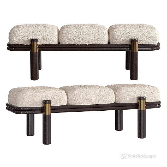 Modern Beige Cushioned Sofa Bench With Dark Wood Legs And Gold Accents 3d model 