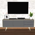 Modern TV Stand With Drawer Cabinet Holding Electronic Devices Photo Frame And Potted Plant