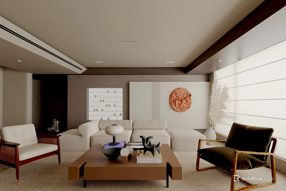 Modern Elegant Living Room With Soft Fabric Sofa Wooden Coffee Table And Chic Wall Decor 3d model 