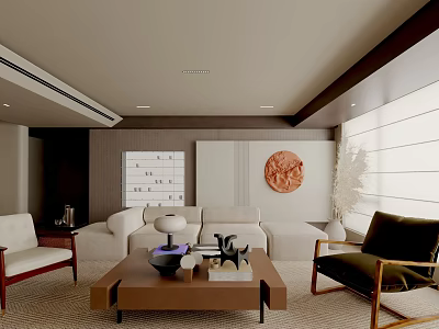 Modern Elegant Living Room With Soft Fabric Sofa Wooden Coffee Table And Chic Wall Decor 3d model