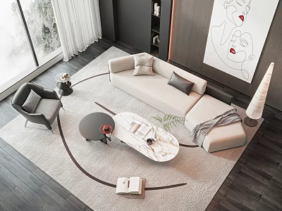 Modern Beige L shaped Sofa Set With Marble Coffee Table And Accent Chair 3d model