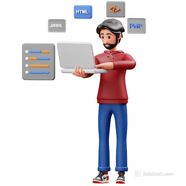 Animated Game or Movie Character Holding Laptop with JAVA PHP Tags and Control Panel 3d model 