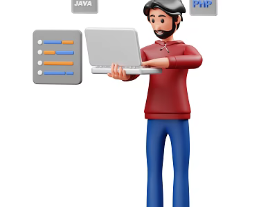 Animated Game or Movie Character Holding Laptop with JAVA PHP Tags and Control Panel 3d model