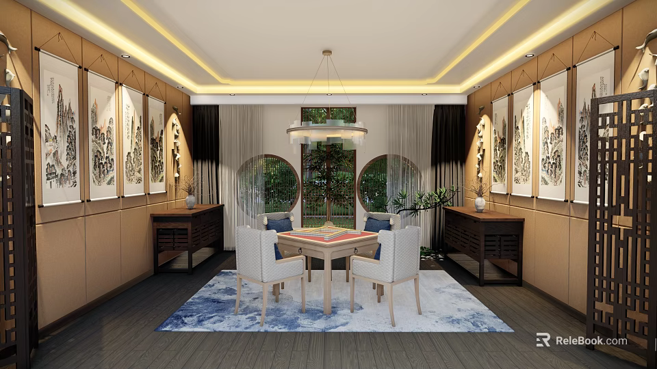 Hotel Mahjong Room With Chinese Style Round Table Wooden Decor And Paintings 3d model 
