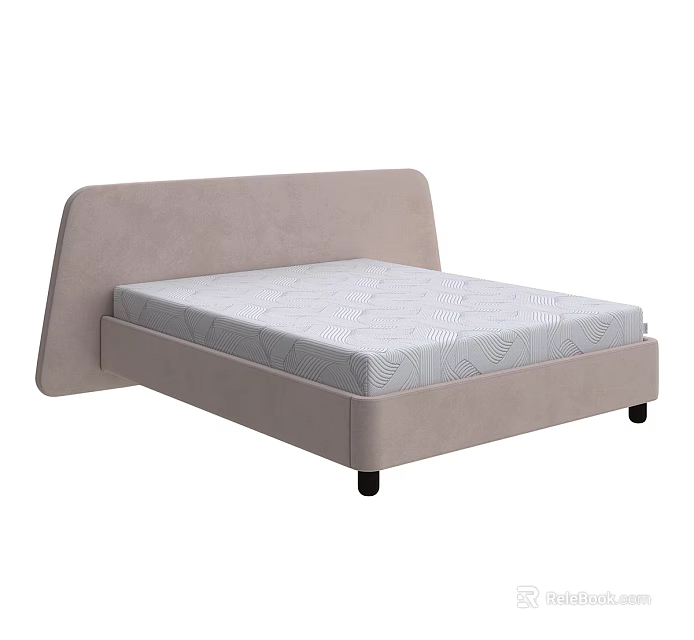 Modern Upholstered Double Bed With Light Beige Headboard And Patterned Gray Mattress 3d model 