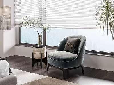 Gray Velvet Single Sofa with Accent Pillow by Window Side Table and Plants 3d model