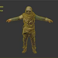 Hooded Person In Brown Outfit With Blue Sleeves Goggles Red Gloves And Outstretched Arms